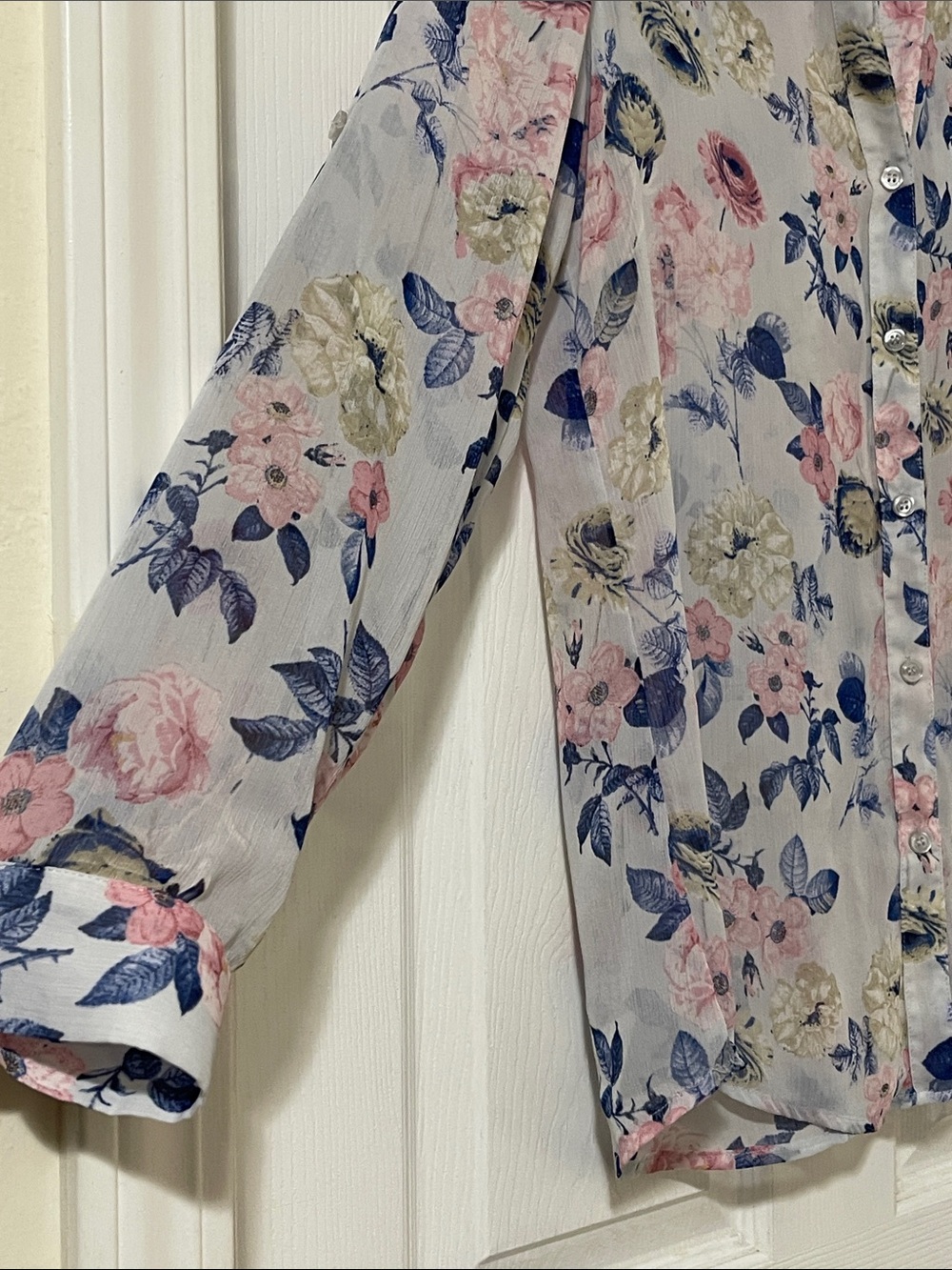 Sheer Floral Button-Up Blouse - White with Pink & Blue Floral Print - Picture 4 of 7